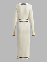 V-Neck Contrast Trim Belted Sweater Dress